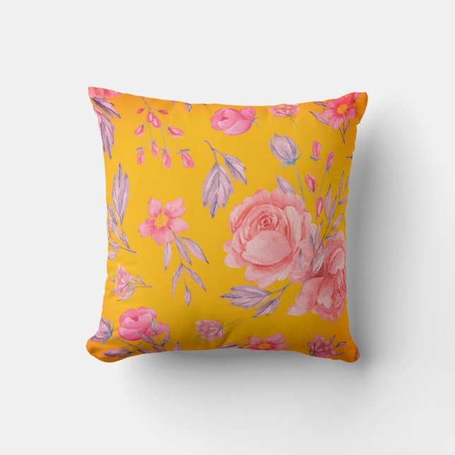 Oreiller à lancer à impression florale jaune et ro (Recto)