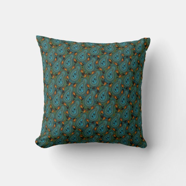 Oreiller à lancer à motif or et bleu Paisley (Recto)