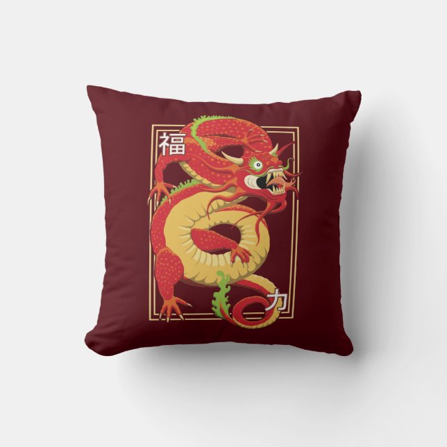 Oreiller à lancer de dragon chinois rouge (Recto)