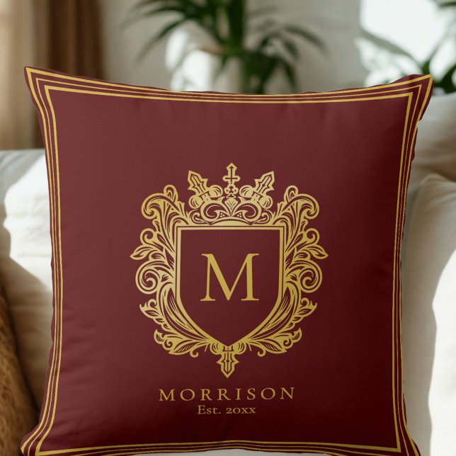 Oreiller à lancer de monogramme d'or (Gold Monogram Crest Throw Pillow)