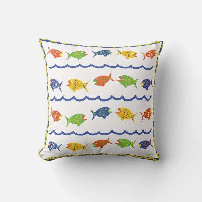 Oreiller à lancer de poisson rouge jaune bleu vert (Recto)
