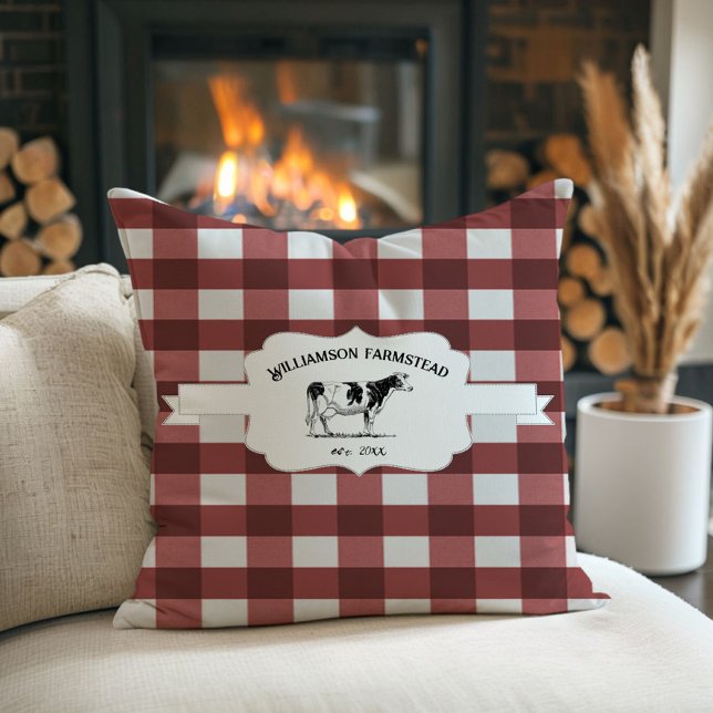 Oreiller à lancer de vache de ferme à Buffalo roug (Red Buffalo Plaid Farm Cow Throw Pillow)