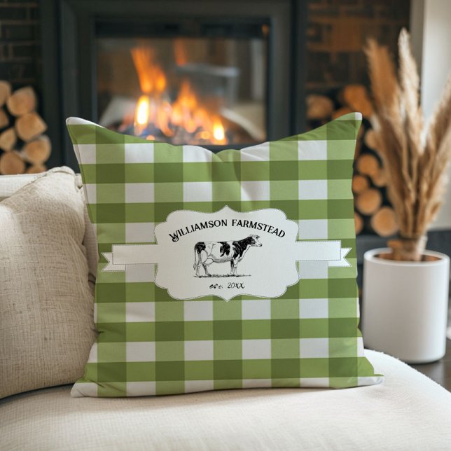 Oreiller à lancer de vaches de ferme à Buffalo ver (Green Buffalo Plaid Farm Cow Throw Pillow)