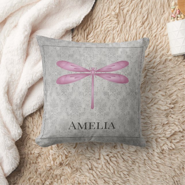 Oreiller à lancer Magenta Dragonfly Damask (Couverture)
