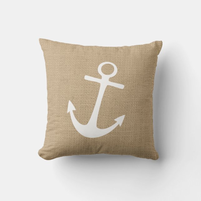 Oreiller à lancer Nautique Faux Burlap avec Ancre (Recto)
