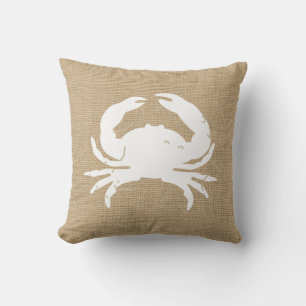 Oreiller à lancer Nautique Faux Burlap avec crabe