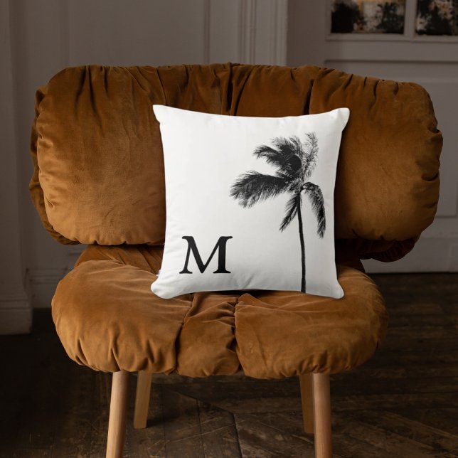 Oreiller à lancer noir et blanc pour palmier (Palm Tree Monogram Black & White Throw Pillow)