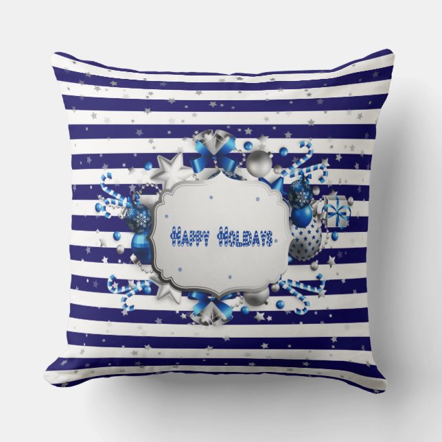 Oreiller à lancer rayé bleu Noël (Recto)