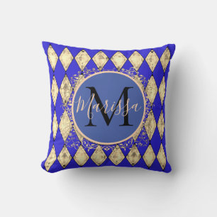 Oreiller à lancer Royal Blue and Gold Glam Monogra