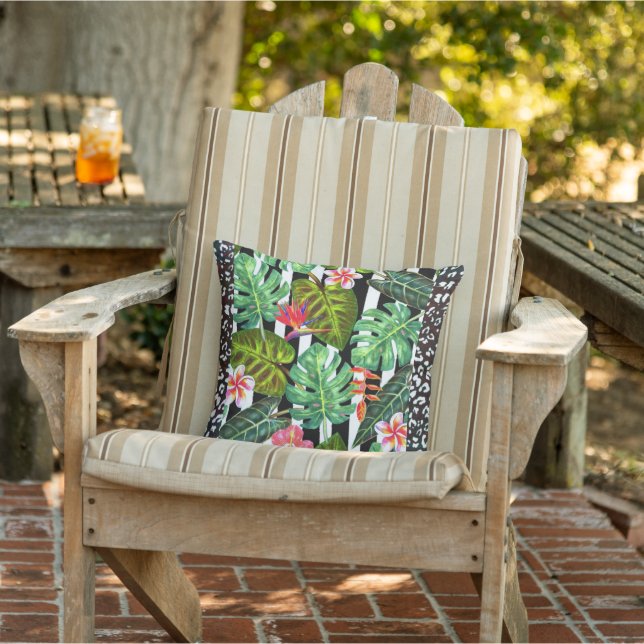 Oreiller à lancer tropical noir et blanc (Chaise)