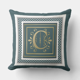 Oreiller à lancer turquoise Monogramme d'or vert