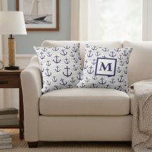 Oreiller à l'ancre nautique bleue avec monogramme