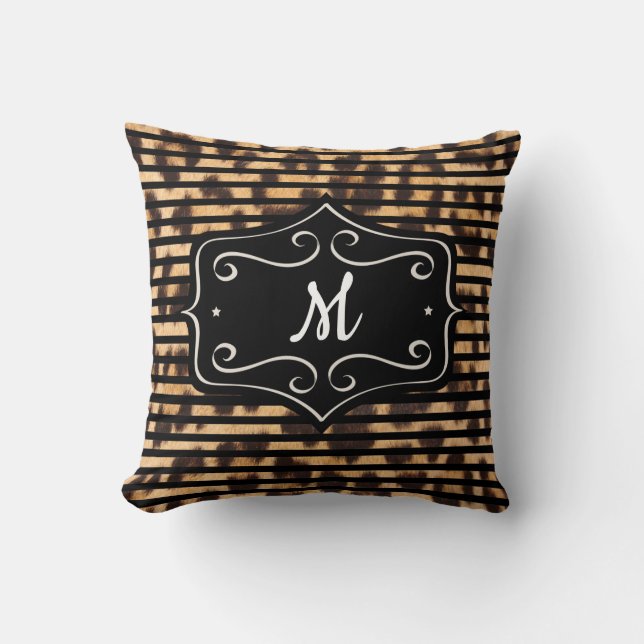 Oreiller à monogramme et imprimé léopard rayé (Recto)