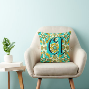 Oreiller à monogramme floral vert jaune aqua vinta