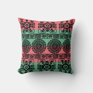 Oreiller à motif aztèque corail et turquoise
