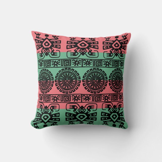 Oreiller à motif aztèque corail et turquoise (Recto)