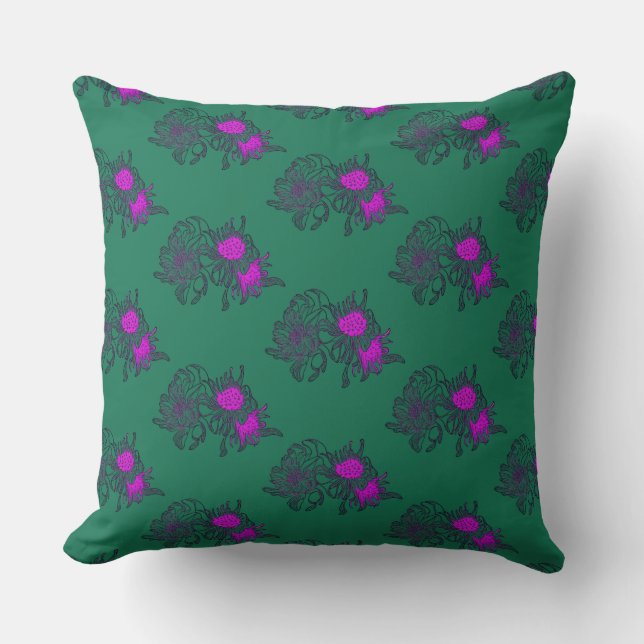 Oreiller à motif de chrysanthème vert vintage (Recto)