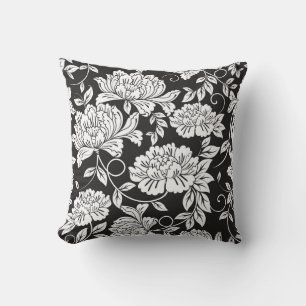 Oreiller à motif de fleur de pivoine noire et blan