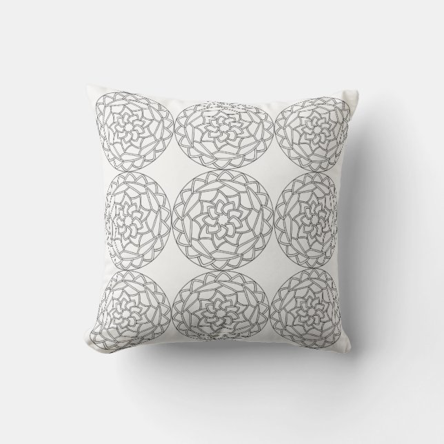 Oreiller à motif de fleurs mandala noir et blanc (Recto)