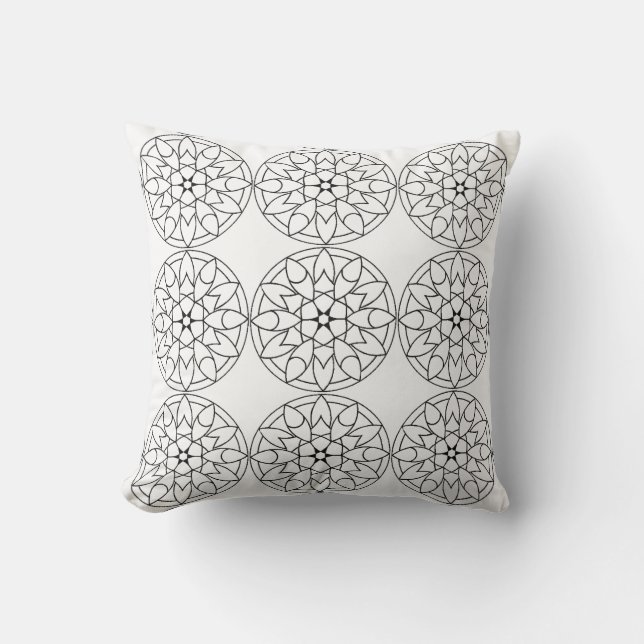 Oreiller à motif floral mandala noir et blanc (Recto)