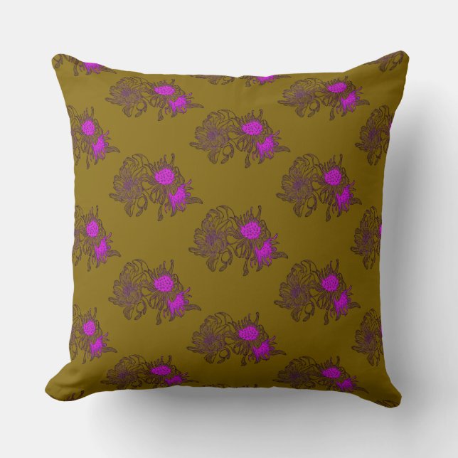 Oreiller à motif floral violet moutarde (Recto)