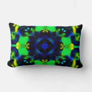 Oreiller à motif fractal vert et bleu lumineux