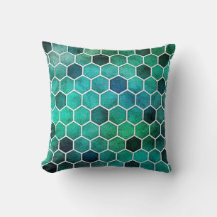 Oreiller à motif hexagonal bleu, aqua et vert