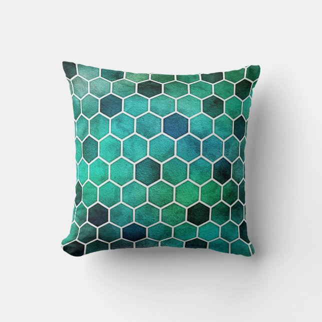 Oreiller à motif hexagonal bleu, aqua et vert (Recto)