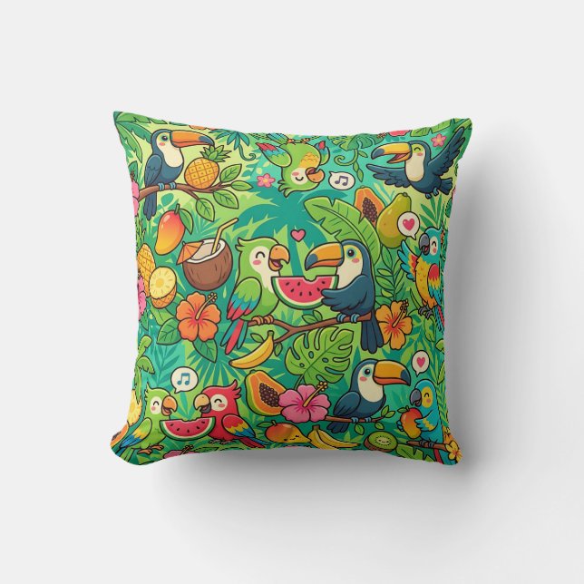 Oreiller à motif jungle perroquet toucan (Recto)