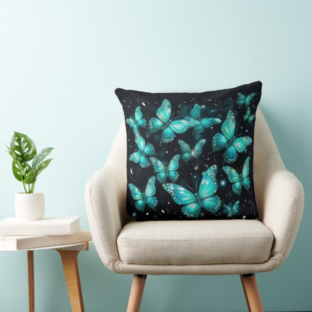 Oreiller à Thon Noir Avec Papillons Turquoises (Chaise)