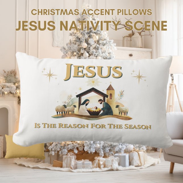Oreiller accentué de Noël Nativité Jésus Or (Jesus Christmas Season Christian Lumbar Pillow)