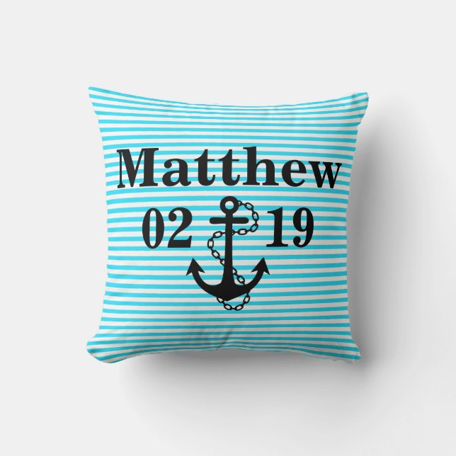 Oreiller Aqua Blue avec nom et motif d'ancre (Recto)