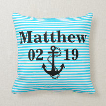 Oreiller Aqua Blue avec nom et motif d'ancre