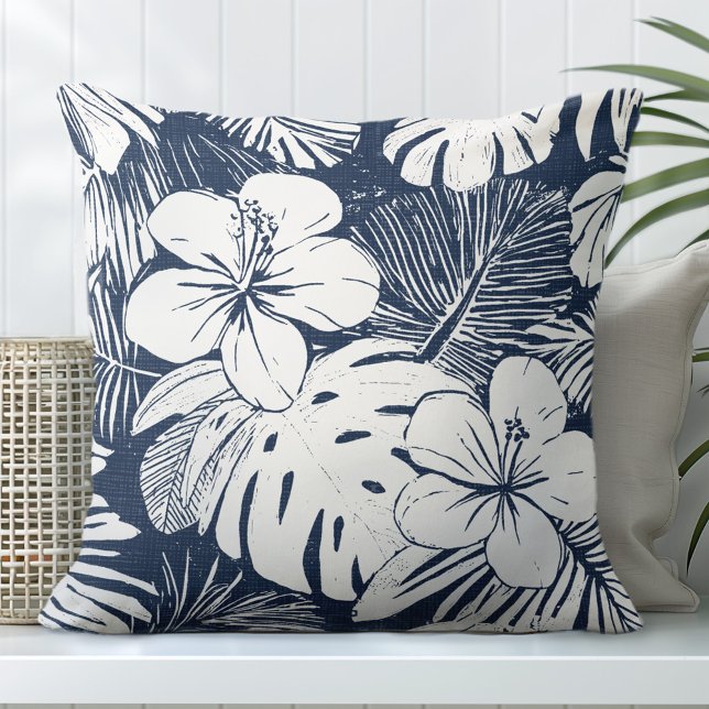 Oreiller bleu et blanc Tropical Thopical Navy (Créateur téléchargé)