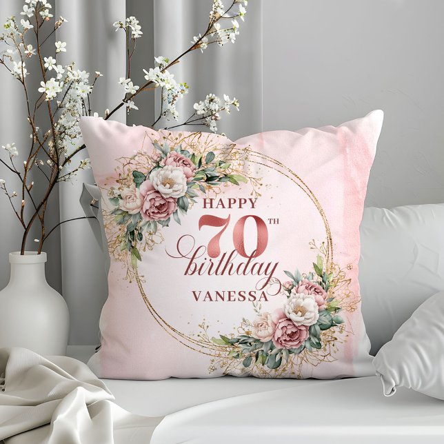 Oreiller Bohème Rose Clair avec Verdure 70e Annive (Light Pink Boho Pillow with Greenery 70th Birthday Pillow)