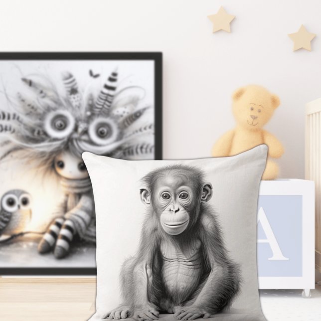 Oreiller carré bébé chimpanzé noir et blanc à jete (Créateur téléchargé)