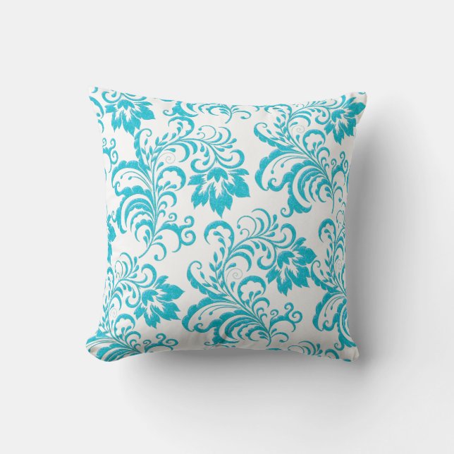 Oreiller carré bleu sarcelle aqua blanc damassé fl (Recto)