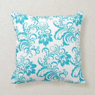 Oreiller carré bleu sarcelle aqua blanc damassé fl