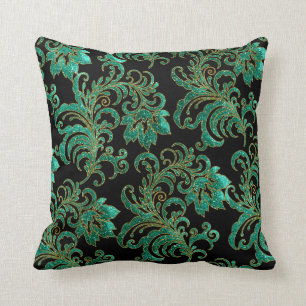 Oreiller carré brocart de jade vert damas noir