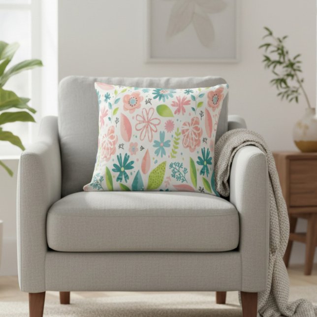 Oreiller carré floral de printemps sarcelle et ros (Créateur téléchargé)