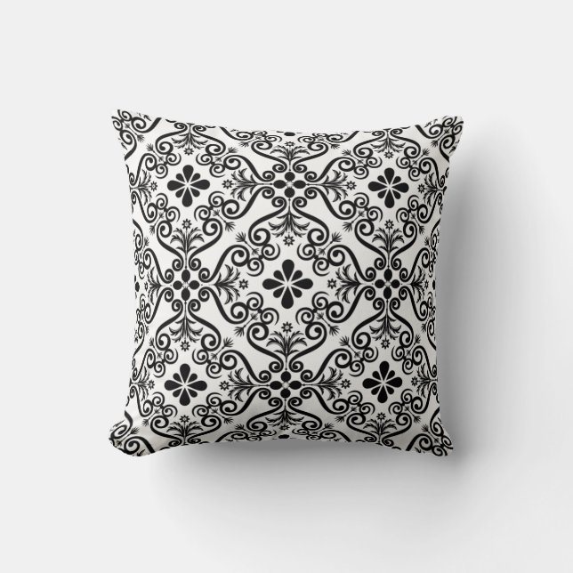 Oreiller carré floral noir blanc Damas (Recto)