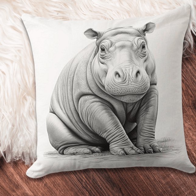 Oreiller carré jetable bébé hippopotame noir et bl (Créateur téléchargé)
