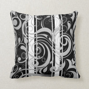 Oreiller carré noir et blanc tourbillon floral