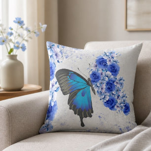 Oreiller carré papillon floral bleu