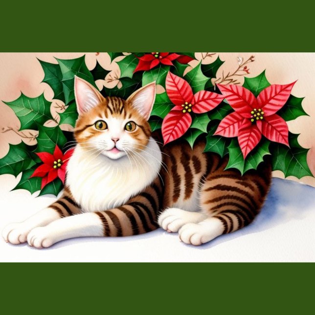 Oreiller Chat de Fête aux Poinsettias (“Purrfectly festive—this cat’s ready for Christmas cuddles!”)