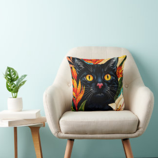 Oreiller Chat Noir Entouré De Fleurs