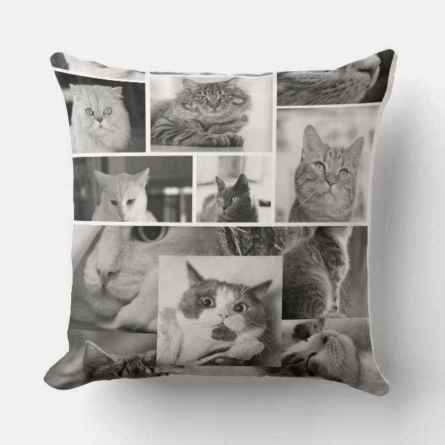 Oreiller Collage Photo de Chat | Chat Noir et Blan (Recto)