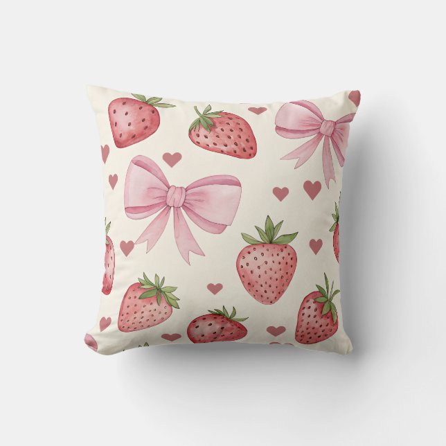Oreiller Coquette aux Rubans Roses et Fraises Rétr (Recto)
