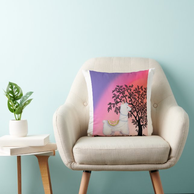 Oreiller Coucher de Soleil avec un Lama Mignon (Chaise)
