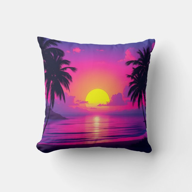 Oreiller Coucher de soleil sur la paume néon et Oa (Recto)